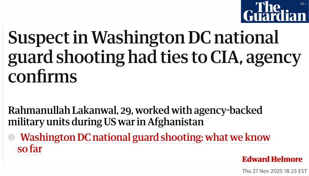 Even MSM outlets like The Guardian are having to ADMIT that the shooter was a CIA asset. Isn't THIS enough proof that our system is rigged?

Even if the average American doesn't know about, or choses to disregard the Google Trends spike in traffic for 'Rahmanullah Lakanwal' a