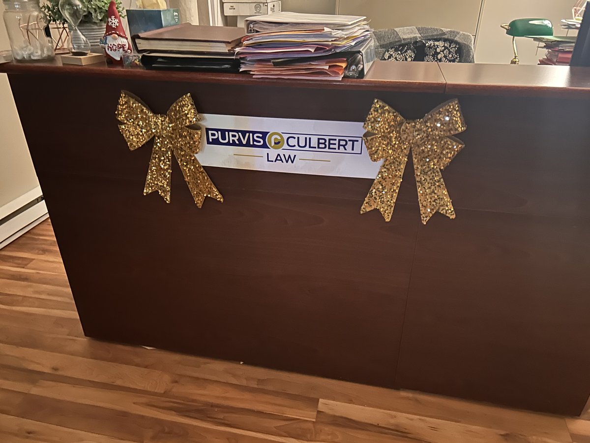 PurvisCulbert's tweet image. We had a fun time decorating our offices today for the holidays! We even worked a temporary window logo into our design. Chester approves! #teamwork 
# holidaydecor #lawoffice