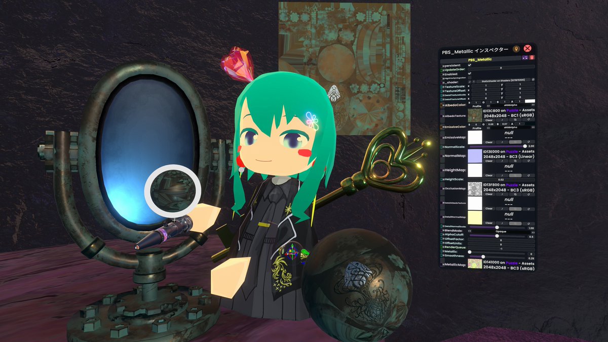 ManaVRart's tweet photo. この鏡のマテリアルどうなっているんだろ⁈
マテリアルを抽出してみたらMIYAさんから「編集で展開できるよ」と教わりました。綺麗だな~、こうなっているんだ💛と分かるのは #Resonite だから✨楽しいですよね🎨
#texture #texturepaint #VR #3D https://t.co/X8s6SRrMqo