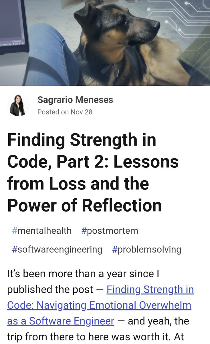 sagmmd's tweet image. Weekend reading: check my new post on @ThePracticalDev

This is an article in honour of my dog &quot;Tomo&quot; who was by my side 14 years.

#mentalHealth #postmortem #SoftwareEngineering #problemSolving

dev.to/smmd/finding-s…