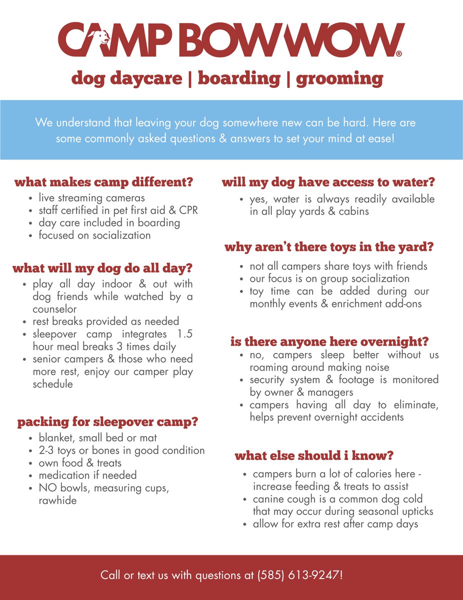 CampBowWowRoch's tweet image. 🙋  Curious about getting enrolled at Camp Bow Wow? Here are the answers to some of our most frequently asked questions ❓ 

#alldayplay #livestreamingcams #rochesterny