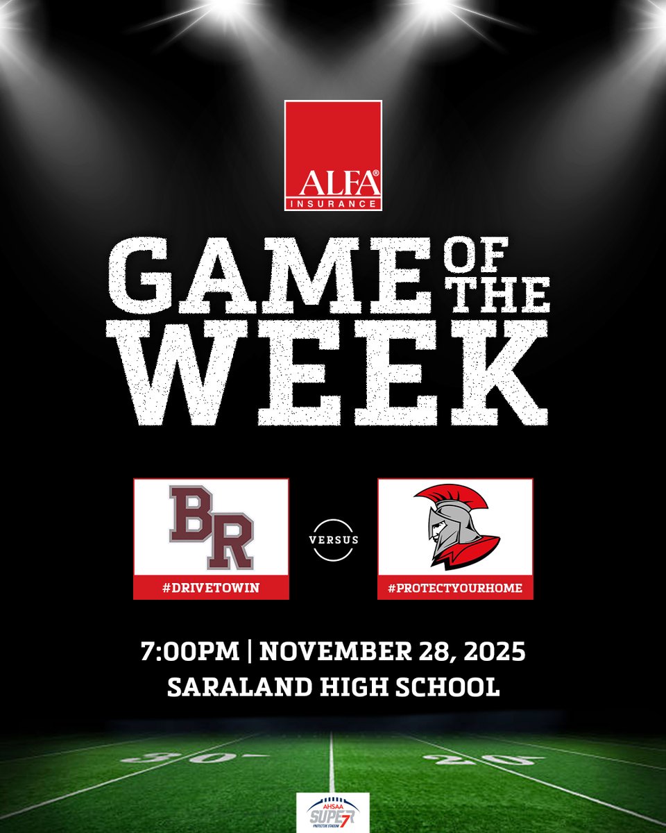 AHSAAUpdates's tweet photo. It's time to see who will punch their ticket to Protective Stadium for a chance to win the 6A Blue Map! Come watch our Alfa Game of the Week tonight at 7PM as Saraland hosts Benjamin Russell in the semifinals!
#DrivetoWin #ProtectYourHome #RoadatoSuper7 https://t.co/lPL6TPzReT