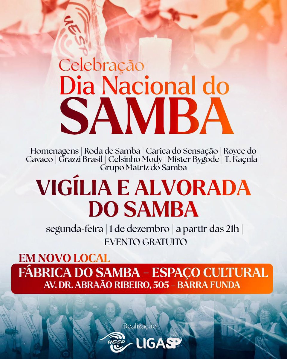 rotadosamba's tweet photo. UESP e LigaSP celebram o Dia Nacional do Samba com Vigília e Alvorada na Fábrica do Samba

@uespcarnaval 
@ligacarnavalsp 
@neneteixeirapresidente 
@tiagobombonatti 
@rosanaspin 

@rotadosamba https://t.co/X55yTVFsRb