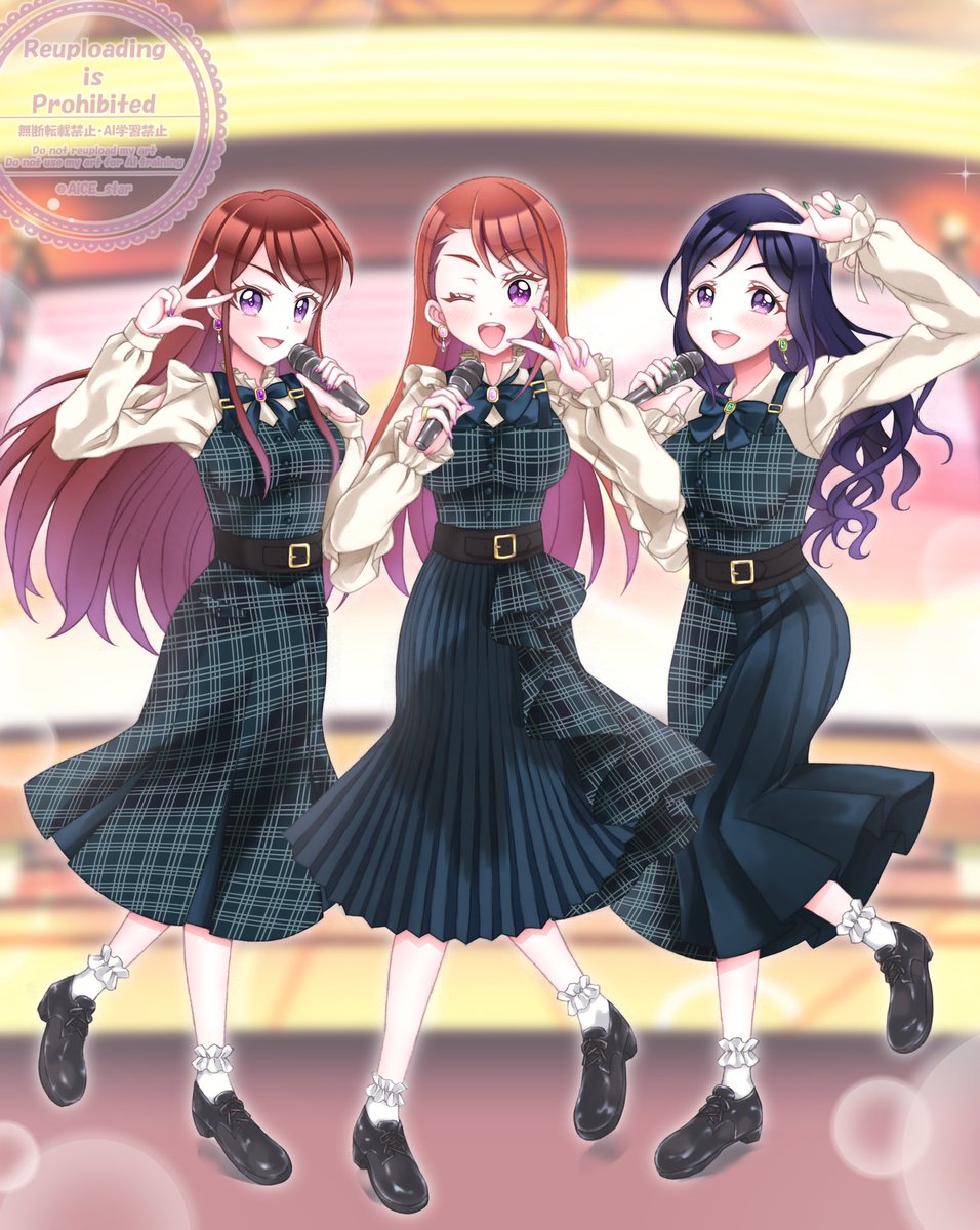 おそろいのチェック柄ワンピでクロスオーバーライブ！な3人💫
Skebリクエストありがとうございました！✨
#aikatsu #precure #lovelive
#紫吹蘭 #聖あげは #松浦果南