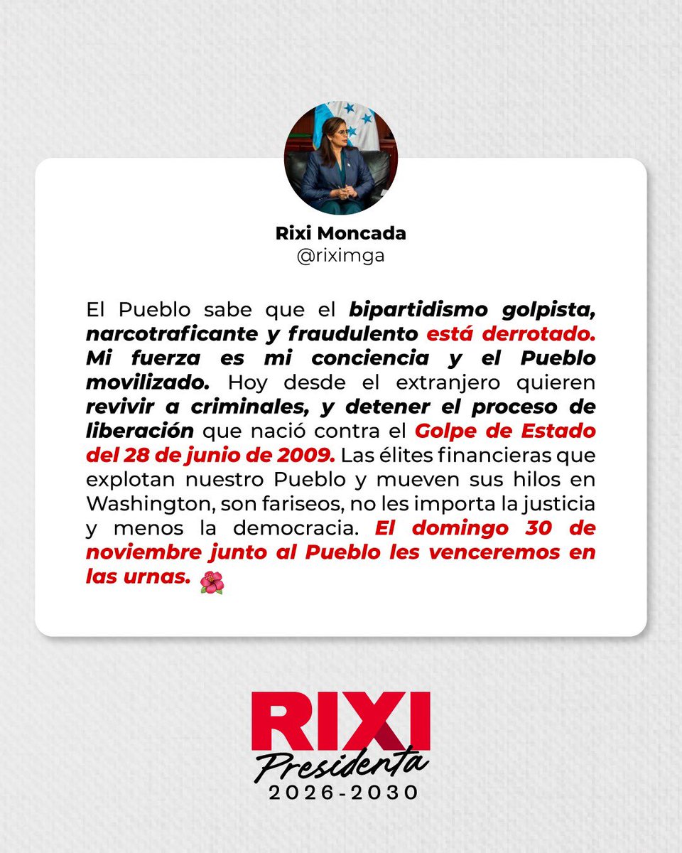 "Mi fuerza es mi conciencia y el Pueblo movilizado. Hoy desde el extranjero quieren revivir a criminales y detener el proceso de liberación que nació contra el Golpe de Estado. El domingo 30 de noviembre junto al Pueblo les venceremos en las urnas." 🌺