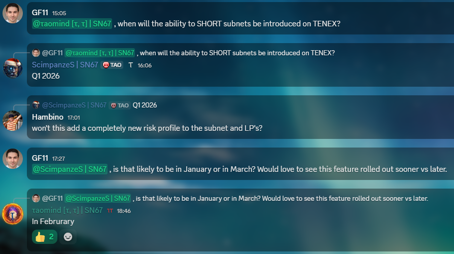 Thesubnetdegen's tweet photo. ⚫️TENEX⚫️ JUST CONFIRMED🟢
📉SHORTING 📉 SUBNETS IS COMING TO #sn67 Starting February 2026,
This is massive news. @Tenex_SN67 remains incredibly undervalued in the Bittensor ecosystem
—and it's my largest allocation for good reason. LFG 🚀 #TENEX #TAO #Bittensor https://t.co/uXNbjnEYQu