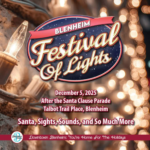 Blenheim Festival of Lights to Launch Following the Santa Claus Parade on December 5th at Talbot Trail Place, Downtown Blenheim. Enjoy synchronized displays at 6 PM, 7 PM, and 8 PM every evening all season long.
#YourTVCK #Blenheim #CKont #Christmas2025