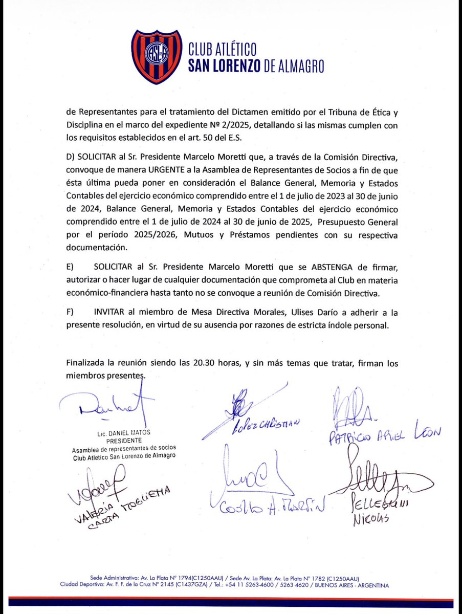 El martes, la mesa directiva de la Asamblea de representantes de socios de #SanLorenzo, solicitó con carácter de urgencia que Marcelo Moretti llame a Comisión Directiva