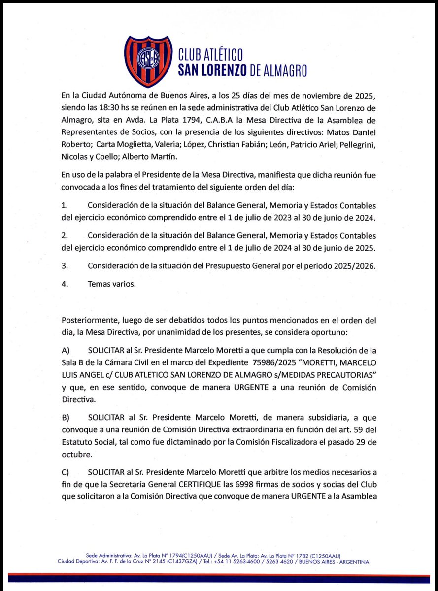lea_alves's tweet photo. El martes, la mesa directiva de la Asamblea de representantes de socios de #SanLorenzo, solicitó con carácter de urgencia que Marcelo Moretti llame a Comisión Directiva https://t.co/IIuAoBfebc