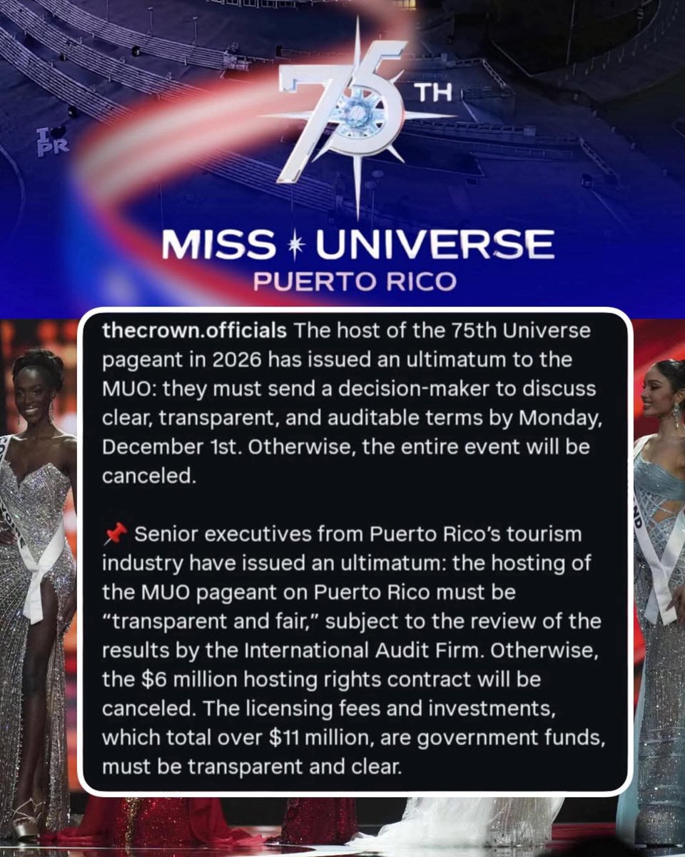 Puerto Rico, the official host of Miss Universe 2026 is on the verge of cancelling its hosting rights if MUO does not send a decision-maker to discuss clear, transparent, and auditable terms.

Thank you for standing firm, Puerto Rico Tourism Executives!
#MissUniverse #SizzumsPH