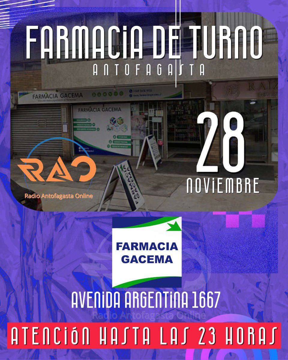🟠 FARMACIA DE TURNO 🟠

Te informamos la #farmaciadeturno hasta las 23:00 horas de hoy viernes 28 de noviembre en la comuna de #Antofagasta.