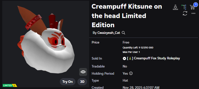 Xh0PlUgc's tweet image. 🔴New limited item &amp;lt;&amp;lt; Creampuff Fox Study Roleplay &amp;gt;&amp;gt;

📦Stock: 9,527
❗How to get it: You will need to complete the event task and then you will be able to get it.

➡️roblox.com/catalog/126000…
➡️roblox.com/games/84491288…
➡️roblox.com/badges/1383791…

#Roblox #RobloxDev #RobloxFreeUGC…