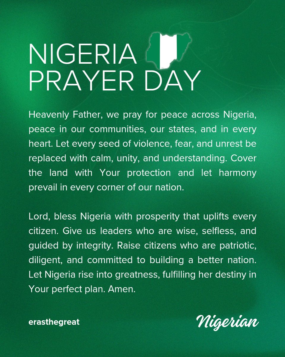 Erasthegreat_'s tweet photo. Let the church pray.
Let the police uphold justice.
Let the soldiers protect with honour and discipline.
Let the community be vigilant and united.
Let the engineers build with excellence.
Let the doctors treat with compassion.
Let the teachers teach good morals and knowledge.
Let the media speak the truth without fear.
Let the farmers farm to feed the nation.
Let the youth innovate and create solutions.
Let the leaders lead with integrity.
Let the entrepreneurs build businesses that empower others.
Let the citizens be patriotic, diligent, and committed to the common good.

When every profession carries out its duty with sincerity and purpose, Nigeria becomes stronger. A nation is not built by one person, it is shaped by the collective effort of millions doing their part, no matter how small. If we all choose integrity over shortcuts, unity over division, and service over selfishness, Nigeria will not only be safe, but prosperous, peaceful, and respected among nations.

Together, we can build the Nigeria we dream of. O God of creation, help us build a great nation. Amen