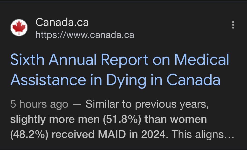 weblandian's tweet image. Sixth Annual Report on Medical Assistance in Dying (#MAiD) in Canada

(2024 Statistics)
Published: Nov 28, 2025

canada.ca/en/health-cana…