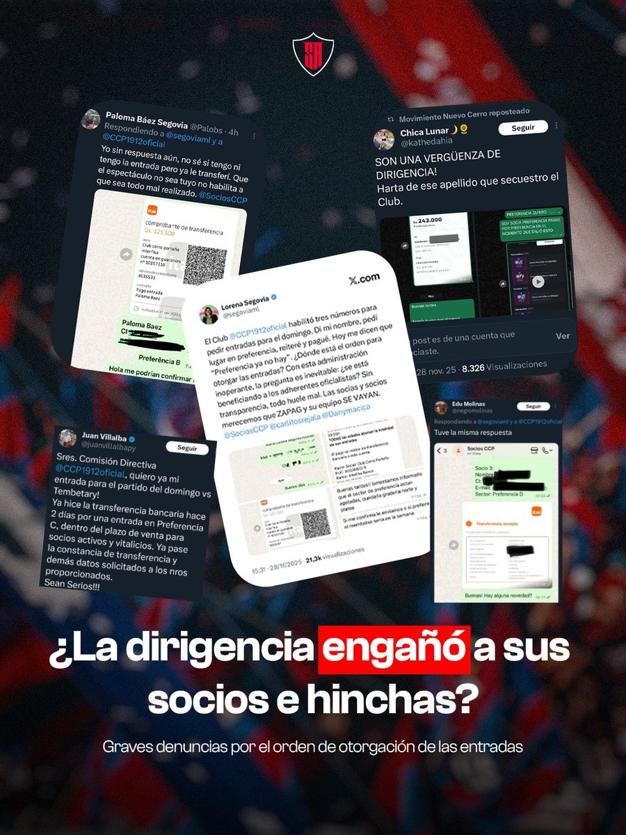 QUÉ PASA EN CERRO PORTEÑO? 😠

Esto ya es serio, demasiadas denuncias, demasiados errores, NO puede ser que en pleno 2025 los SOCIOS del club tengan que escribir vía WhatsApp y transferir su dinero y ADEMÁS QUE NO LES HAYAN DADO ENTRADAS y respondiéndoles que el sector ya esta