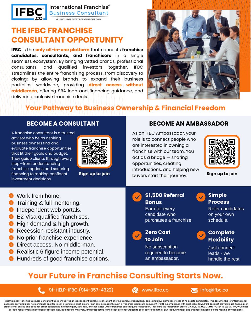 ifbc_co's tweet photo. Tired of the 9-to-5? 

Unlock 6-figure potential with IFBC! 

🚀Connect to top franchise opportunities &amp; financing - no middleman. 

Become a Consultant (training + WFH) or Ambassador (free, earn $1,500/referral). 

No license needed (NY &amp; WA require registration). 

#IFBC https://t.co/6GWUPHxZbR