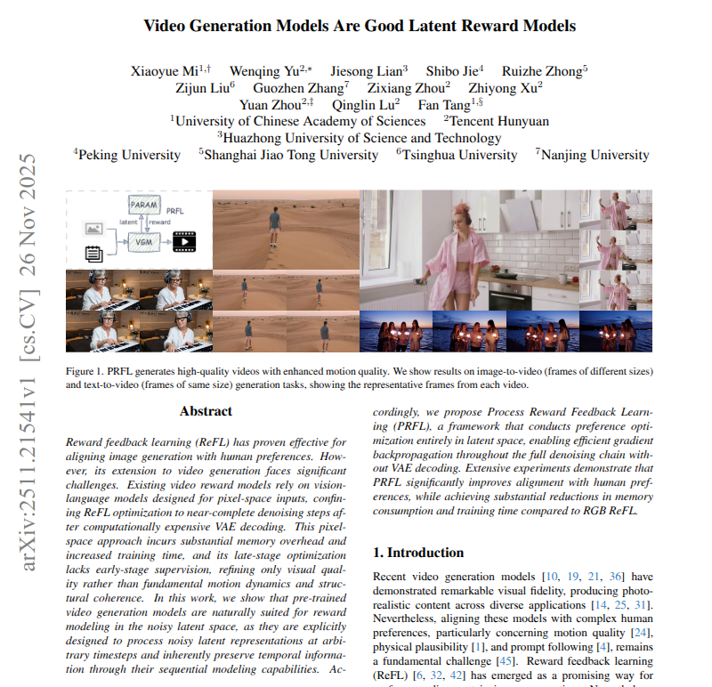 rohanpaul_ai's tweet image. The paper turns video generators into built in judges so training makes videos move more naturally and stay coherent.

Shows that the internal features of a pretrained video generator already encode motion, structure, and temporal information well enough to score video quality…
