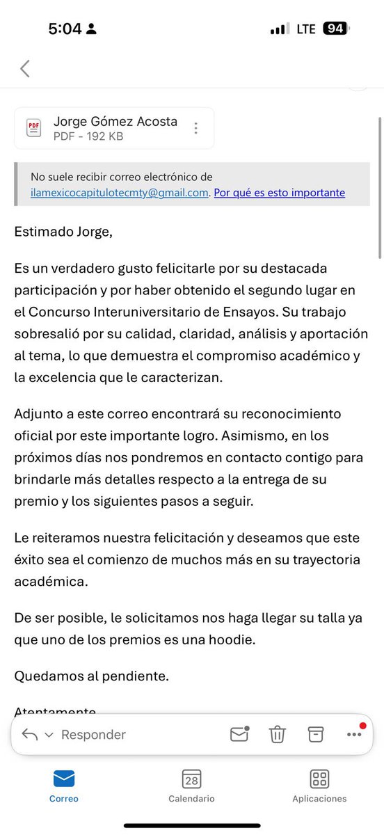 Con orgullo comparto que Jorge Tadeo de <a href="/TECcampusGDL/">TEC Campus Guadalajara</a> <a href="/CSocialesTec/">CSocialesTec</a> obtuvo el 2* lugar del Concurso Interuniversitario de Ensayos en Derecho y Comercio Internacional, organizado por: ILA Tec de Monterrey, ILA UDEM e ILS de la Facultad Libre de Derecho, donde lo apoyé como asesor.