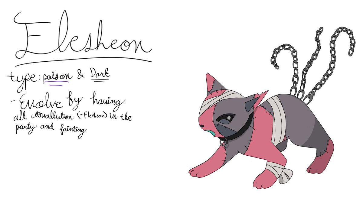 Xinxinux's tweet photo. Avallution 5/5

Flesheon (Flesh-e-on)

Type: Posion and Dark

Evolves from a Eevee by having all of the other Avallution Members in the Party/Team then fainting and revived 

 #BobRosco https://t.co/SqGdRf5MjG