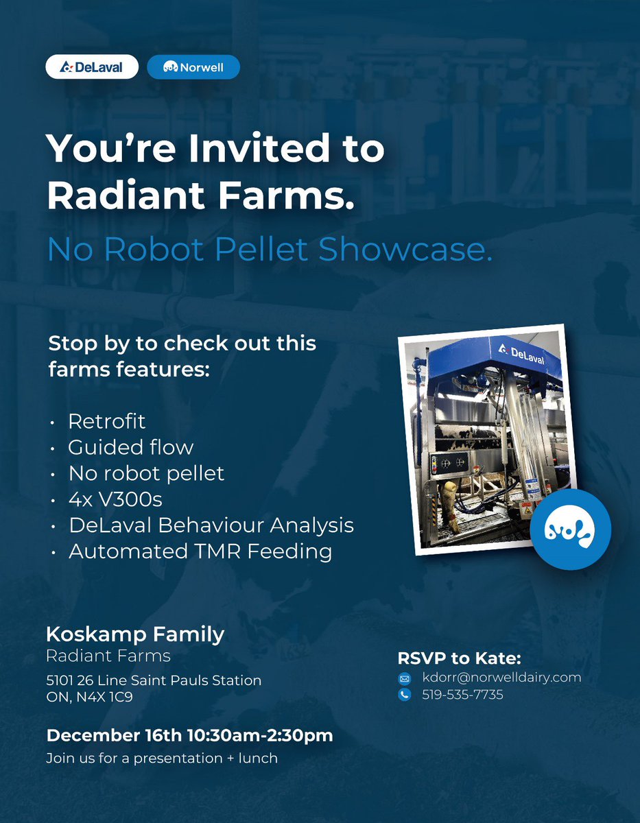 Farm Showcase!!📢

Are you curious about robotic milking without feeding pellets at the robot?

Join us on Tuesday, December 16 from 10:30–2:30 at Radiant Farms alongside the Koskamp family!

Radiant Farms launched their four <a href="/DeLaval/">DeLaval</a> V300s in a fully retrofitted facility on