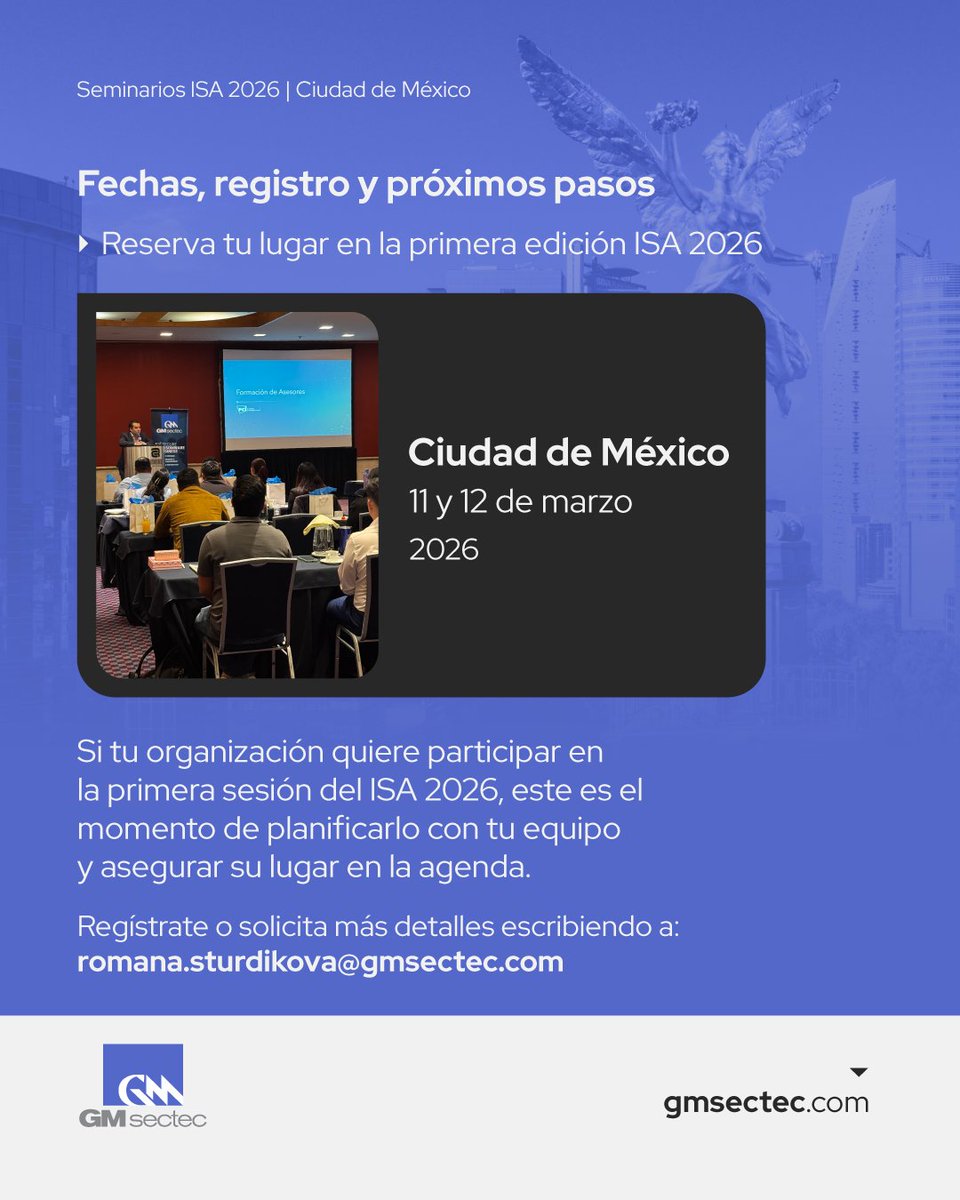 gmsectec_mx's tweet photo. ๐ฃ๐ฟ๐ถ๐บ๐ฒ๐ฟ๐ฎ ๐ฝ๐ฎ๐ฟ๐ฎ๐ฑ๐ฎ ๐ฑ๐ฒ ๐ป๐๐ฒ๐๐๐ฟ๐ผ๐ ๐ฒ๐ป๐๐ฟ๐ฒ๐ป๐ฎ๐บ๐ถ๐ฒ๐ป๐๐ผ๐ ๐๐ฆ๐ ๐ฎ๐ฌ๐ฎ๐ฒ: Ciudad de Mรฉxico. ๐ฒ๐ฝ๐
๐ Ciudad de Mรฉxico
๐ 11 y 12 de marzo de 2026
Regรญstrate o solicita mรกs detalles escribiendo a: romana.sturdikova@gmsectec.com โ
#ISA2026 #PCITraining https://t.co/jSwtoUalID
