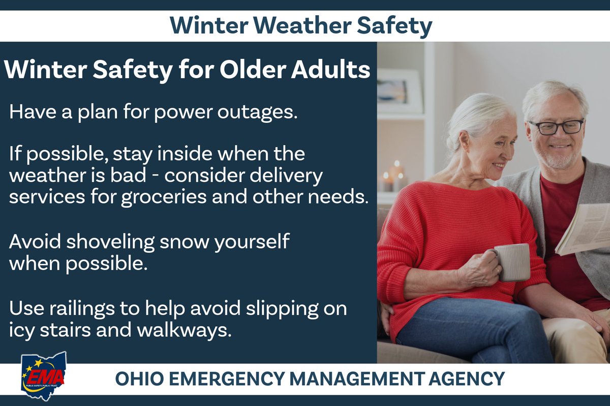Ohio_EMA's tweet image. Be aware and be prepared for winter weather. Older adults may need to take extra precautions. For more information on winter safety for older adults, visit bit.ly/49lukxi #WinterSafety