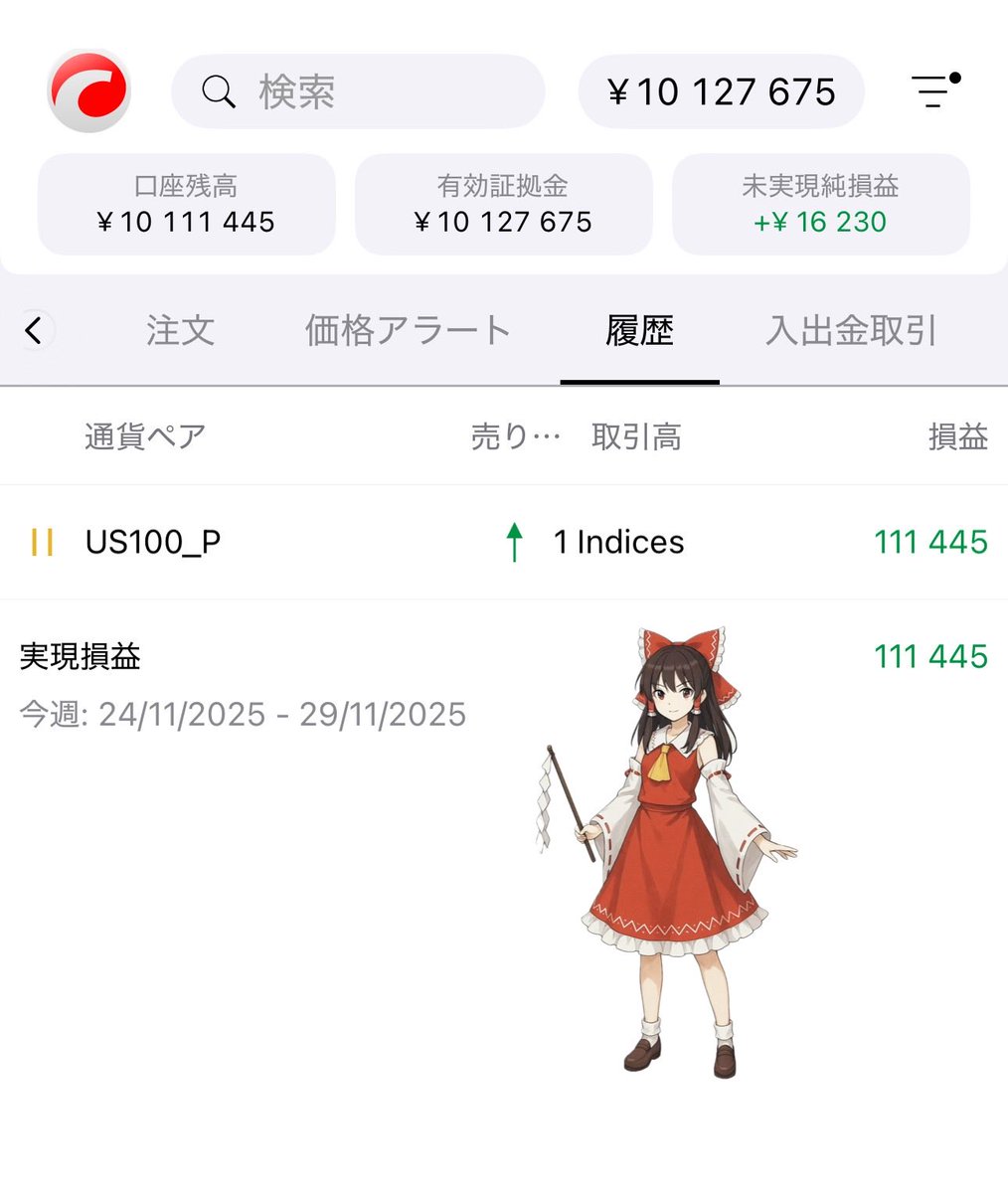 reimu_ACWI's tweet image. Fintokei ルビー口座
ステップ2
11月24日〜11月28日の成績

+111,445円（+1.11%）