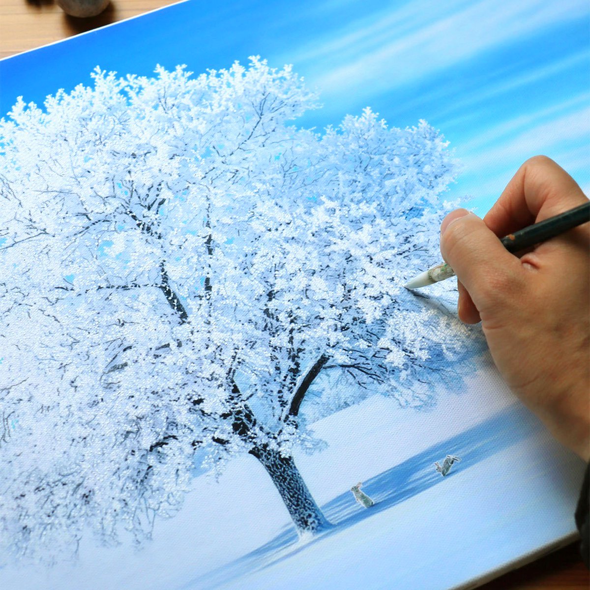 一本の木」アクリル、ヒノキ木額 雪が降り続く厳しい冬のつかの間の