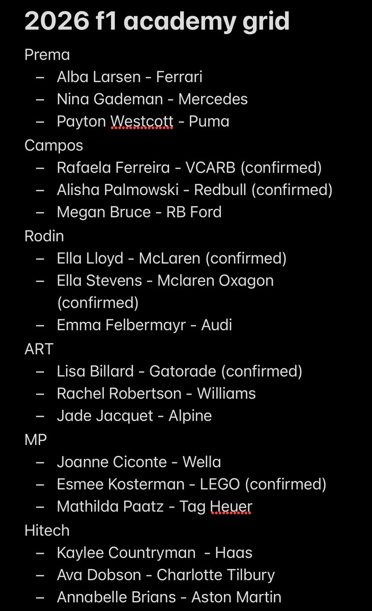 albalarsenfan's tweet image. my predictions for the 2026 f1 academy grid!!! happy to elaborate on the thought process for literally any of these 

#F1Academy