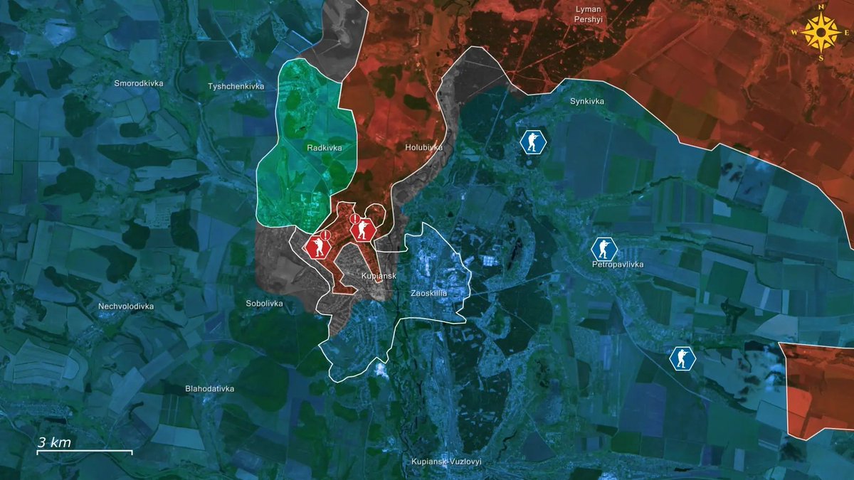 EuromaidanPress's tweet image. Russia&apos;s commander recently informed Putin that forces had &quot;liberated&quot; Kupiansk. The situation on the ground tells a different story.

Russian forces control roughly 30% of the town after narrow infiltration tactics left their gains unstable. Small infantry pockets are operating…