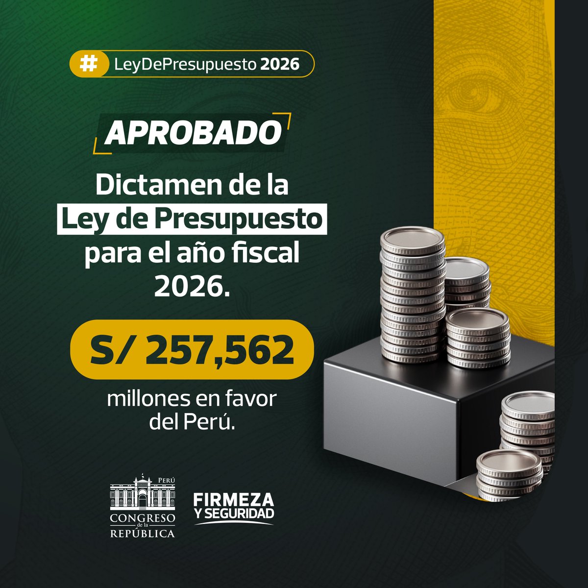congresoperu's tweet photo. El dictamen de la #LeyDePresupuesto2026 asciende a S/ 257,562 millones, una inversión que impulsa el desarrollo en todas las regiones y sectores del país.

 ¡El progreso se construye con planificación! 🇵🇪📊

#FirmezaYSeguridad https://t.co/dkbVfOApGn