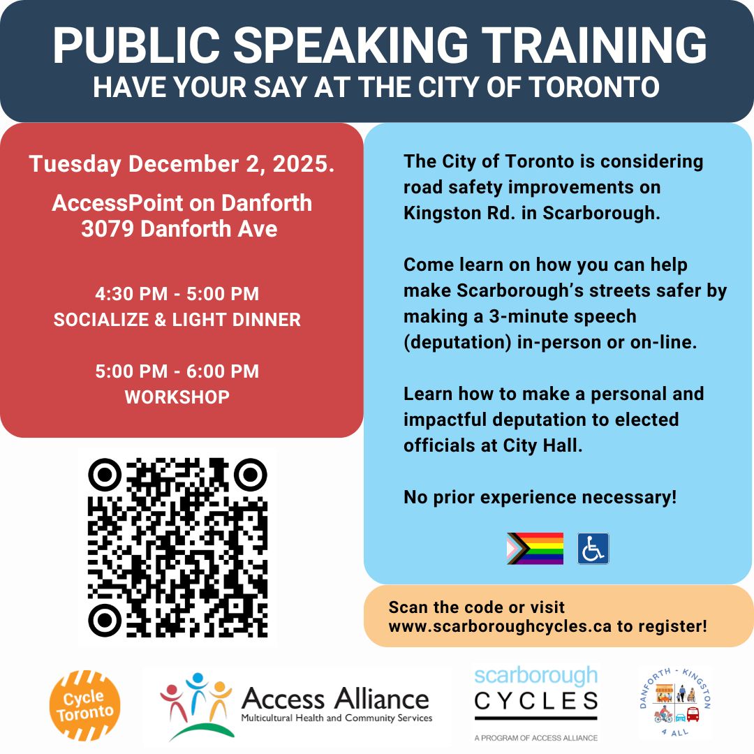 Tues Dec 2: Public Speaking Training

Learn how to make a personal and impactful deputation to elected officials at City Hall. No prior experience necessary!

REGISTER> cycleto.ca/deputation_wor…

#bikeTO #WalkTO #Ward20 #Ward24