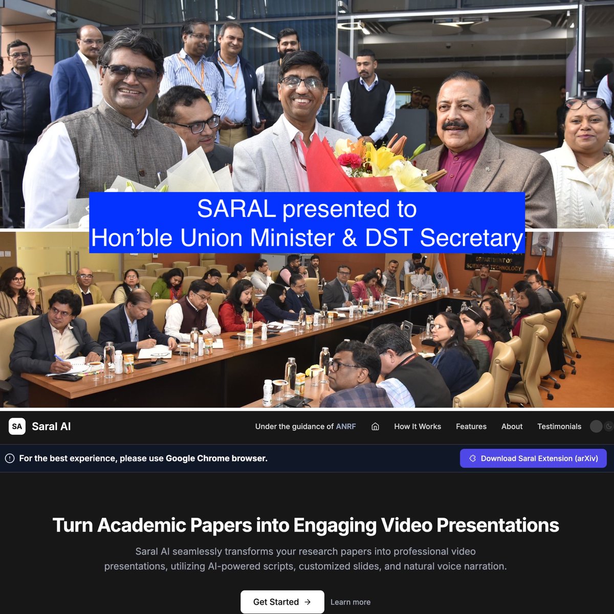 ponguru's tweet image. 🎉 SARAL presented to Hon’ble Union Minister of S&amp;amp;T @DrJitendraSingh &amp;amp; Secretary DST, Prof. @karandi65. Dr. Shiv among ANRF's activities, briefed them about #KnowledgeDiffusion #DemocratisingResearch &amp;amp; features of SARAL. 🙏 to Dr. Shiv &amp;amp; @ANRFIndia for the opportunity. #ProfGiri