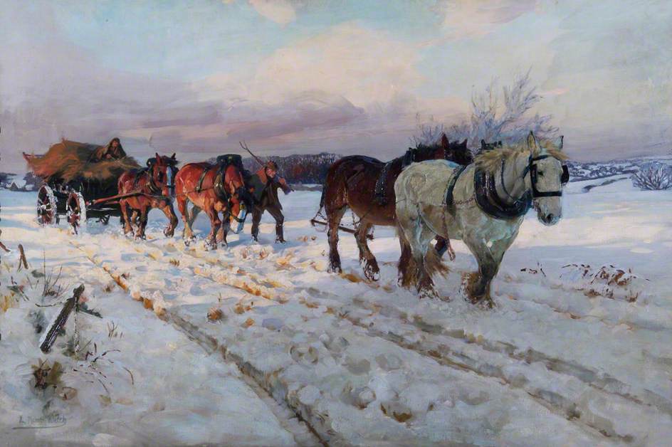 Painting at Bedtime.
Winter's White Silence.
Lucy Kemp-Welch.

She was one of the best known artists in the UK, until her star faded after the Second World War. She is enjoying a bit of a revival now. She specialised in paintings of horses and illustrated the novel Black Beauty.