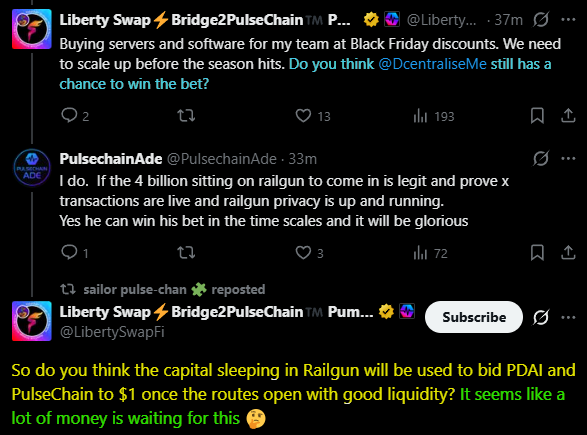 PulseChain. Liberty Swap pDAI Alpha:

With Tornado, Railgun, and the Railway wallet coming online, a new realm of possibilities opens.

In theory, someone could deploy 100 ETH clips play into whatever they wanted and remain invisible on-chain.