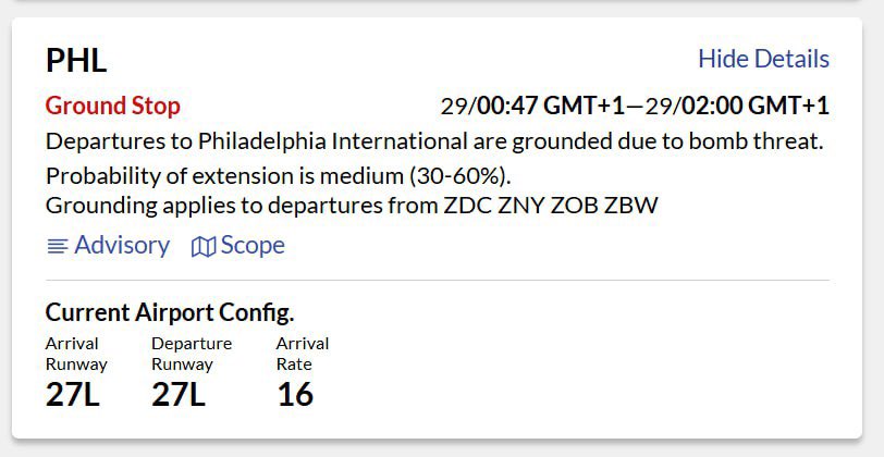 upuknews1's tweet image. #BREAKING: The FAA has ordered an immediate ground stop for all flights headed to Philadelphia International Airport following a bomb threat. Security officials are sweeping affected areas. Passengers are advised to check with airlines for updated departure times.

#PHL