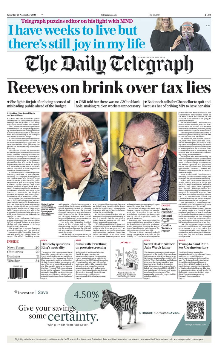 Telegraph's tweet photo. The front page of today's Daily Telegraph:

'Reeves on brink over tax lies' https://t.co/r0cwRD6JmB