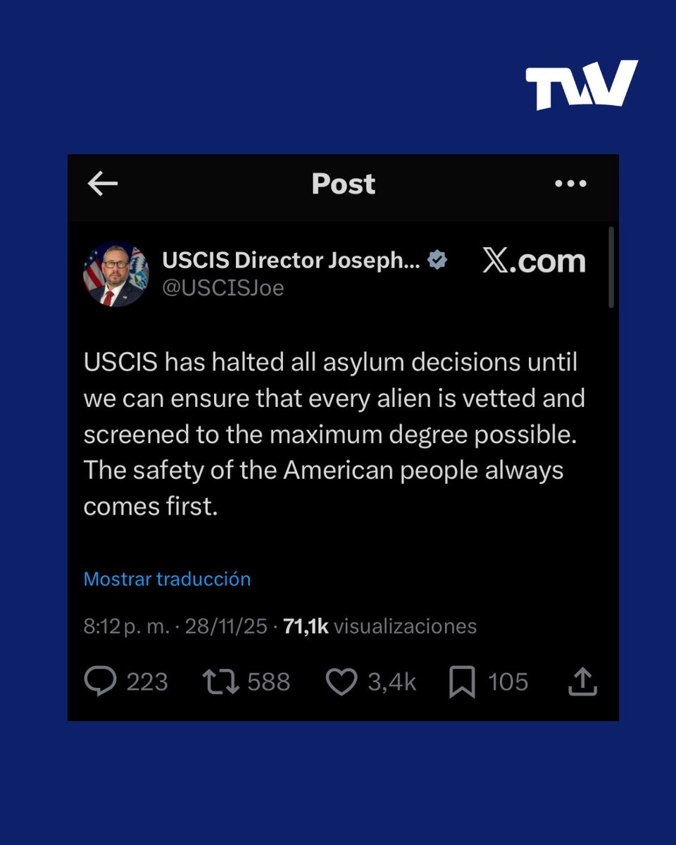 El director del Servicio de Ciudadanía e Inmigración de Estados Unidos (USCIS), Joseph B. Edlow, anunció este viernes en X que la agencia suspendió de inmediato todas las decisiones de asilo.

Según explicó, la medida se mantendrá hasta garantizar que cada solicitante extranjero