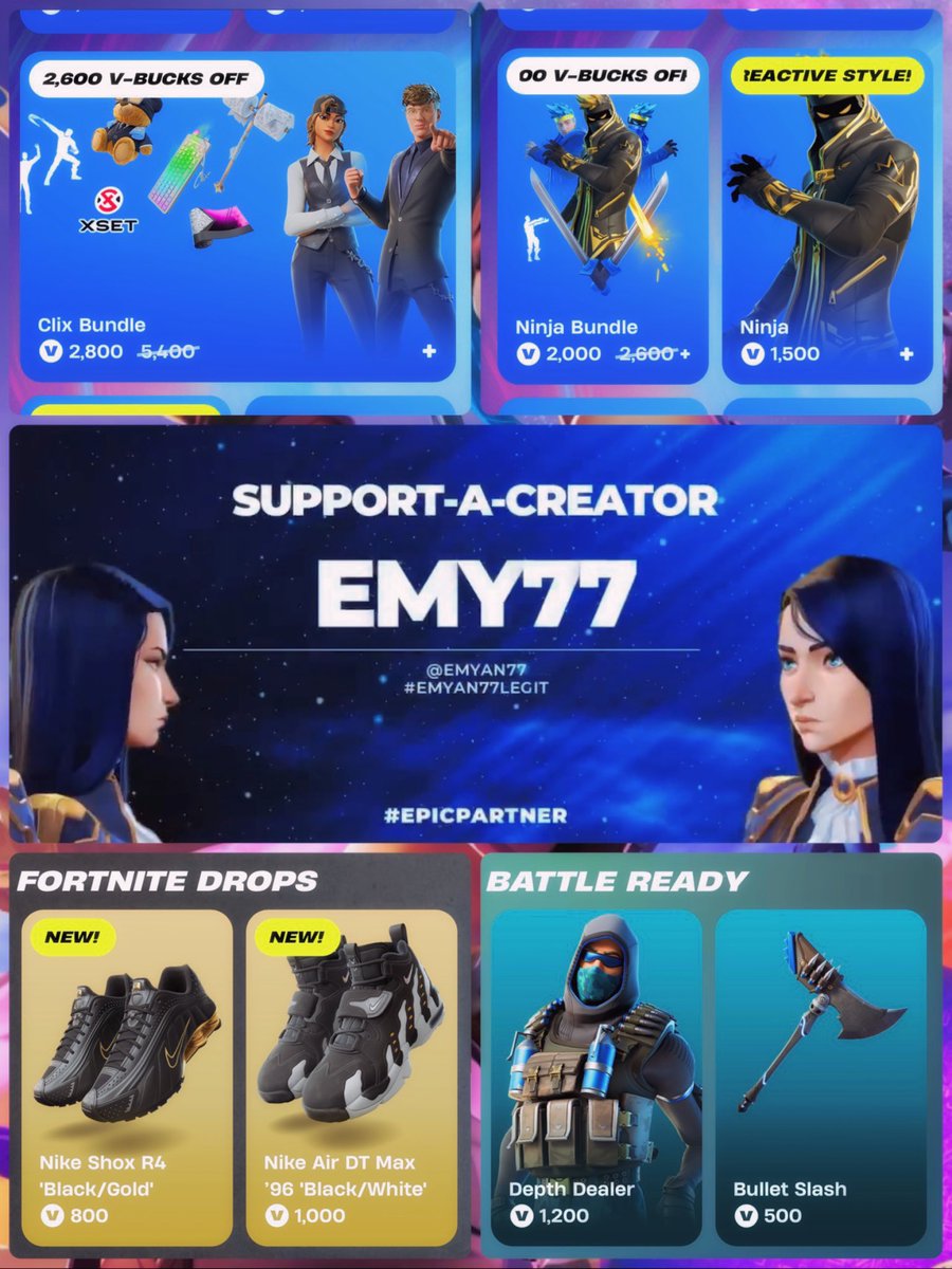 🛍️ Shop Today 🙌🏻

🌀 Clix Bundle 🧸

⚔️ Ninja Bundle 🥷

NEW: 👟 Nike Shox R4 ‘Black/Gold’ &amp; Nike Air DT Max ‘96 Black/White’ 💛

Please consider using Code EMY77 💙 if you’d like to support me 🥰
#ad #EpicPartner #Fortnite
