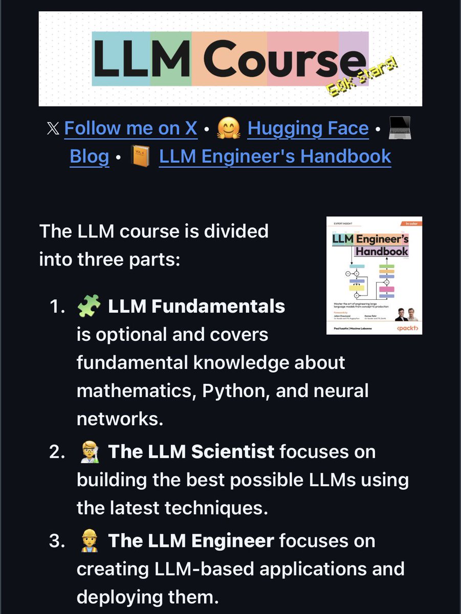 Hesamation's tweet image. i still believe this repo is the best roadmap to learning LLMs. it’s designed by a solid expert and covers three paths for:
&amp;gt; LLM fundamentals 
&amp;gt; LLM scientist
&amp;gt; LLM engineer
you can start from scratch and learn the math, ml, architecture, theory, and code behind LLMs with free…