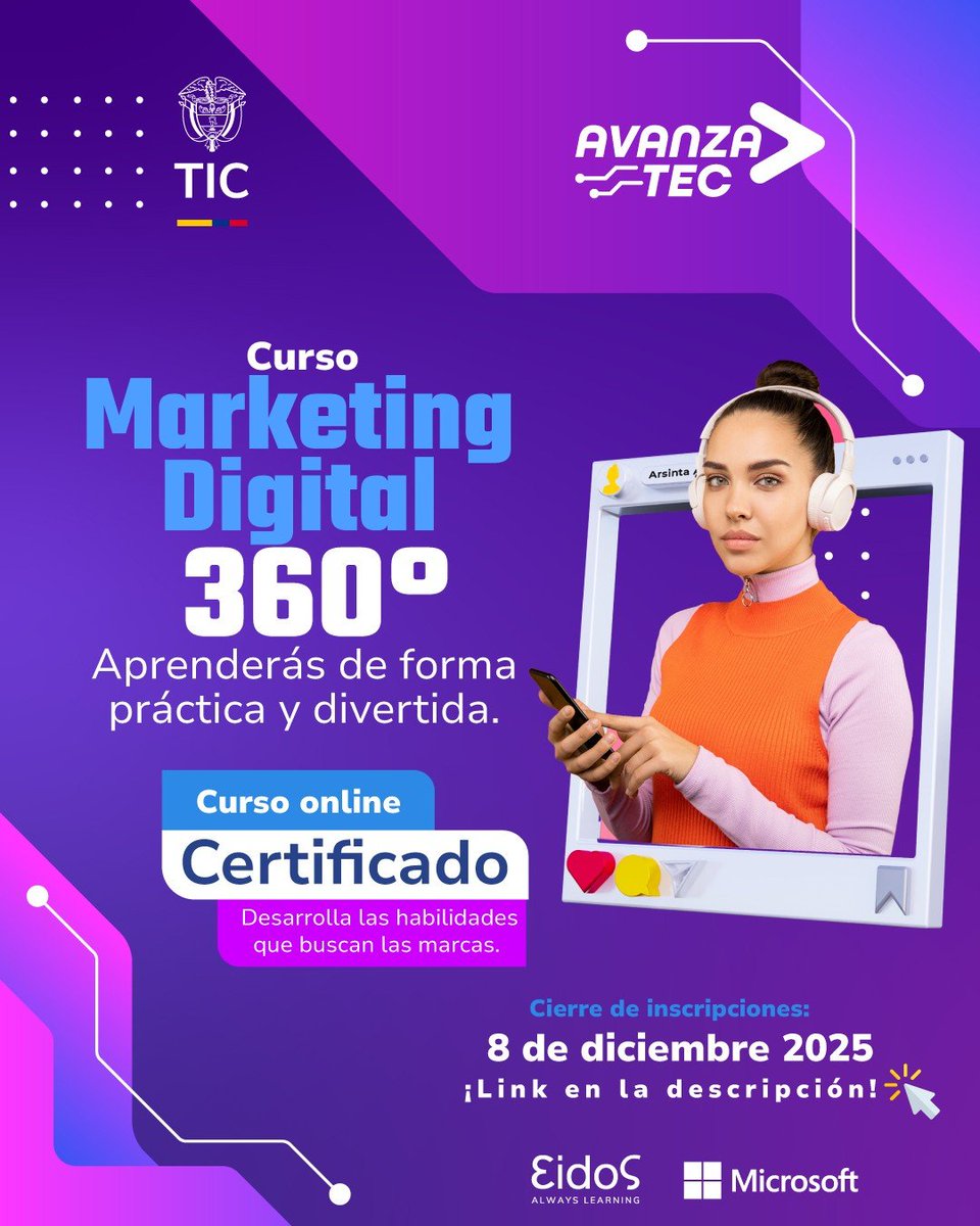 TalentoDigCol's tweet image. Explora el mundo del marketing digital desde cero en este curso gratuito de #AvanzaTEC, desarrolla habilidades clave y obtén tu certificación online. 

Inscríbete antes del 8 de diciembre de 2025 y da el siguiente paso en tu crecimiento profesional.

avanzatec.gov.co/720/w3-article…