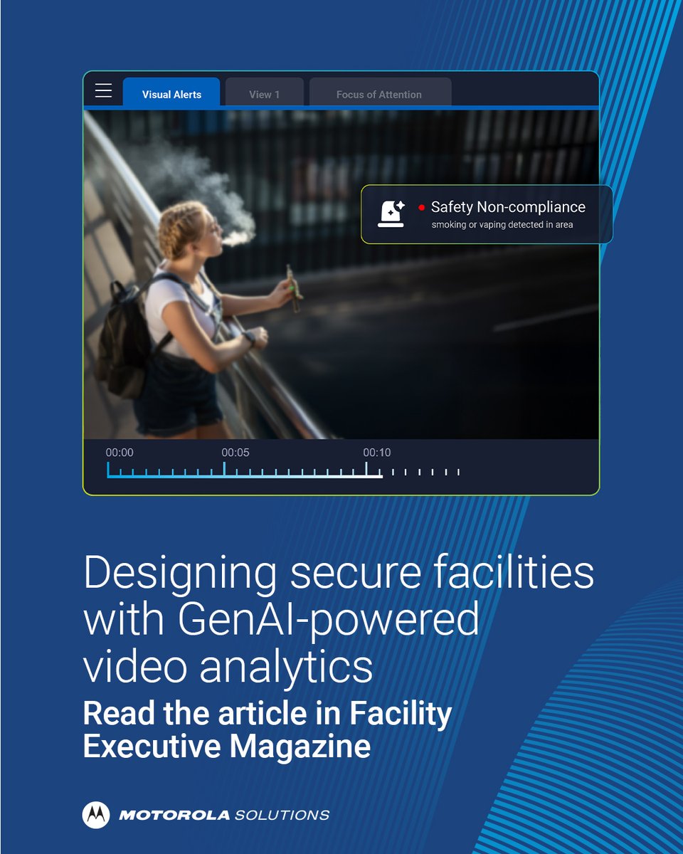 MotoSolutions's tweet image. In #security, rapid response is crucial. That’s where generative #AI-powered video analytics comes in, helping you quickly find information to improve defenses. Find out how in our @facilityexec article: bit.ly/3MfWdiR