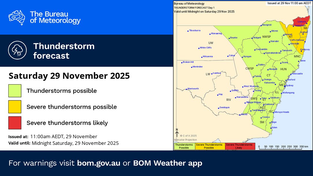 BOM_NSW's tweet photo. ⛈️Thunderstorm forecast for today
🟢Thunderstorms are possible across eastern #NewSouthWales.
🟡Severe thunderstorms are possible in the northeast,
🔴becoming likely north of #Tenterfield.
Risks: damaging winds, large hail, and heavy rainfall.
https://t.co/Qvw2Gecy2z https://t.co/SfVtK2G93c