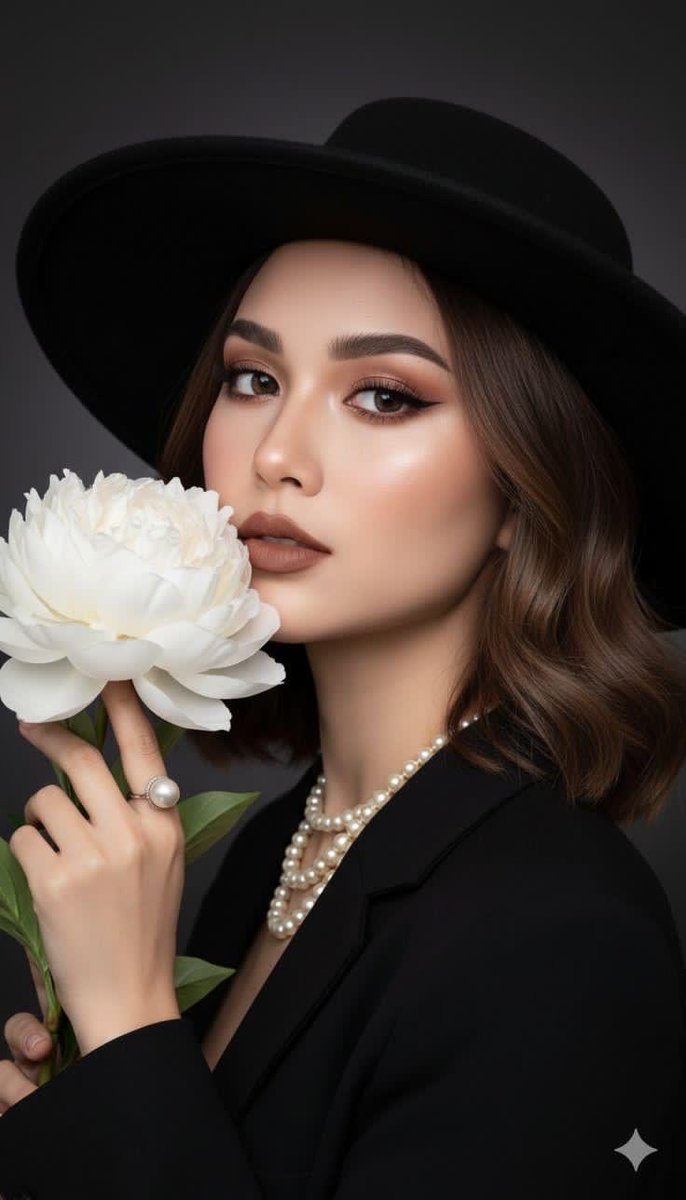 Ashlley_grace_'s tweet image. GM - 𝕏 

Layers of pearls and the soft strength of a peony.

Prompt ⤵️

A dramatic, close-up, studio portrait of a woman with high-glamour makeup (strong winged eyeliner, defined contour matte nude-brown lipstick). She has short wavy brown hair and is wearing a wide-brimmed…