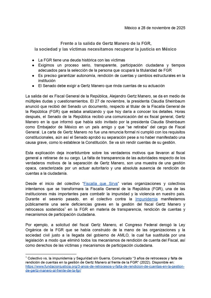 LaJusticiaQQ's tweet image. #Comunicado 

Frente a la salida de Gertz Manero de la FGR, la sociedad y las víctimas necesitamos recuperar la justicia en México.

#FGR #FiscalíaQueSirva #LaJusticiQueQueremos