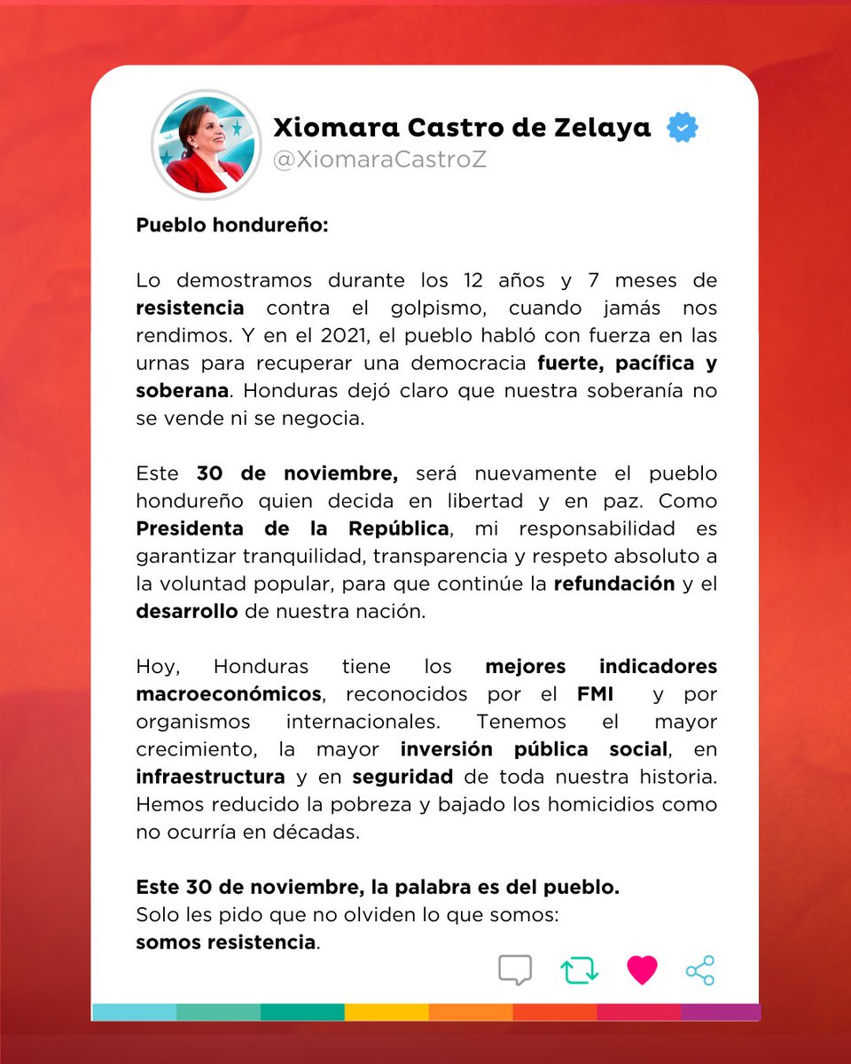 SECAPPH's tweet image. #SECAPPHInforma | La Presidenta, @XiomaraCastroZ, reafirmó que la soberanía de Honduras no se vende ni se negocia 👩🏻‍💼🇭🇳

🗳️🇭🇳 Este 30 de noviembre, será nuevamente el pueblo hondureño quien decida en libertad y en paz, con transparencia y respeto absoluto a la voluntad popular.…