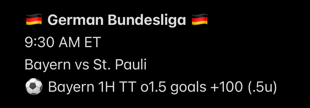 thy_pitchwizard's tweet image. 11/29 ⚽️ PUBLIC PICK
———
Soccer Saturdayyyyy. 

Bayern will look to bounce back after their first defeat of the season at the hands of Arsenal on Wednesday. 

St. Pauli are in terrible form - losing all of their L8 Bundesliga matches with an aggregate scoreline of 17-2. 

Gimme…