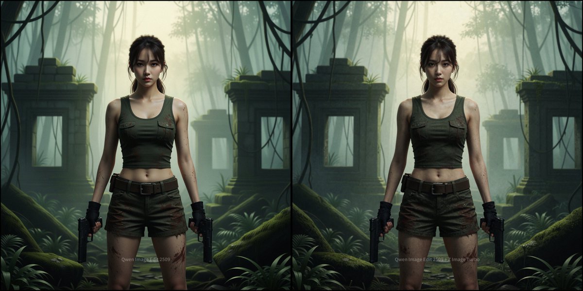dinkisstyle's tweet photo. Edited with Qwen Image Edit 2509 and enhanced again with Z-Image Turbo (noise 0.2–0.5).
Take a close look at the comparison — the texture of the clothing and jeans, the hair rendering, and the skin details are all noticeably improved.
#qwenimage #qie2509 #Zimage  #ZImage_Turbo https://t.co/X7TjMXe4OK