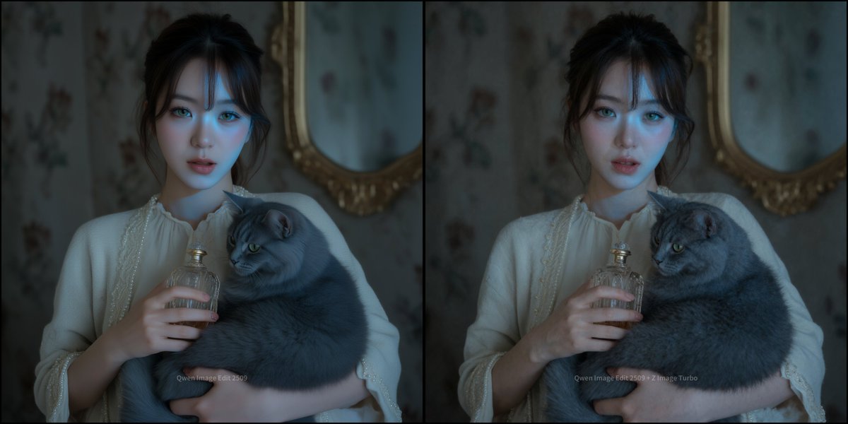 dinkisstyle's tweet photo. Edited with Qwen Image Edit 2509 and enhanced again with Z-Image Turbo (noise 0.2–0.5).
Take a close look at the comparison — the texture of the clothing and jeans, the hair rendering, and the skin details are all noticeably improved.
#qwenimage #qie2509 #Zimage  #ZImage_Turbo https://t.co/X7TjMXe4OK