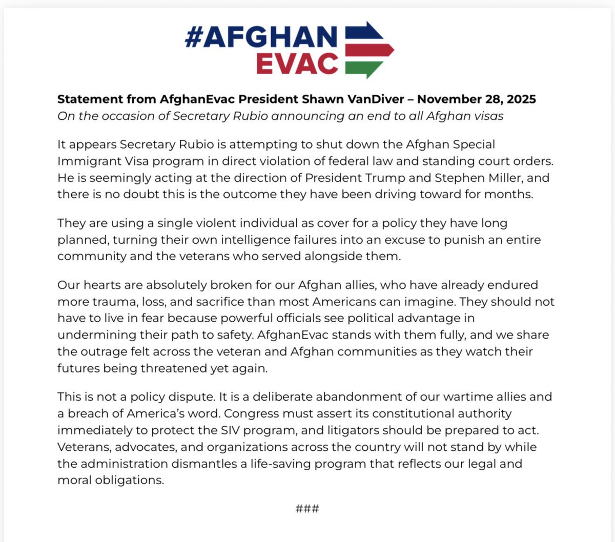 afghanevac's tweet image. Today’s announcement from @SecRubio appears to be an unlawful attempt to shut down the Afghan Special Immigrant Visa program. 

Using one violent individual as justification punishes an entire community, and the veterans who served beside them. 

AfghanEvac stands with our…